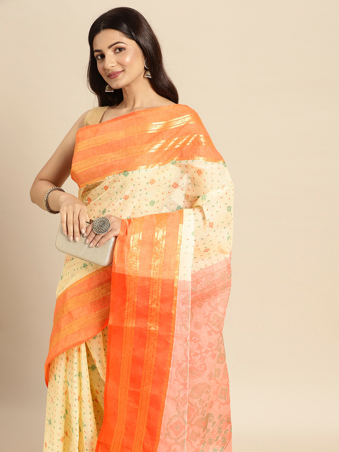 DESH BIDESH Peach-Coloured & Beige Ethnic Motifs Pure Cotton Taant Saree