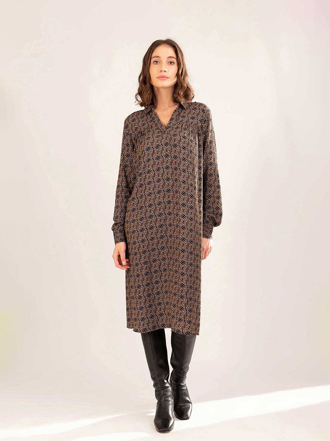 B Copenhagen Black Floral A-Line Midi Dress