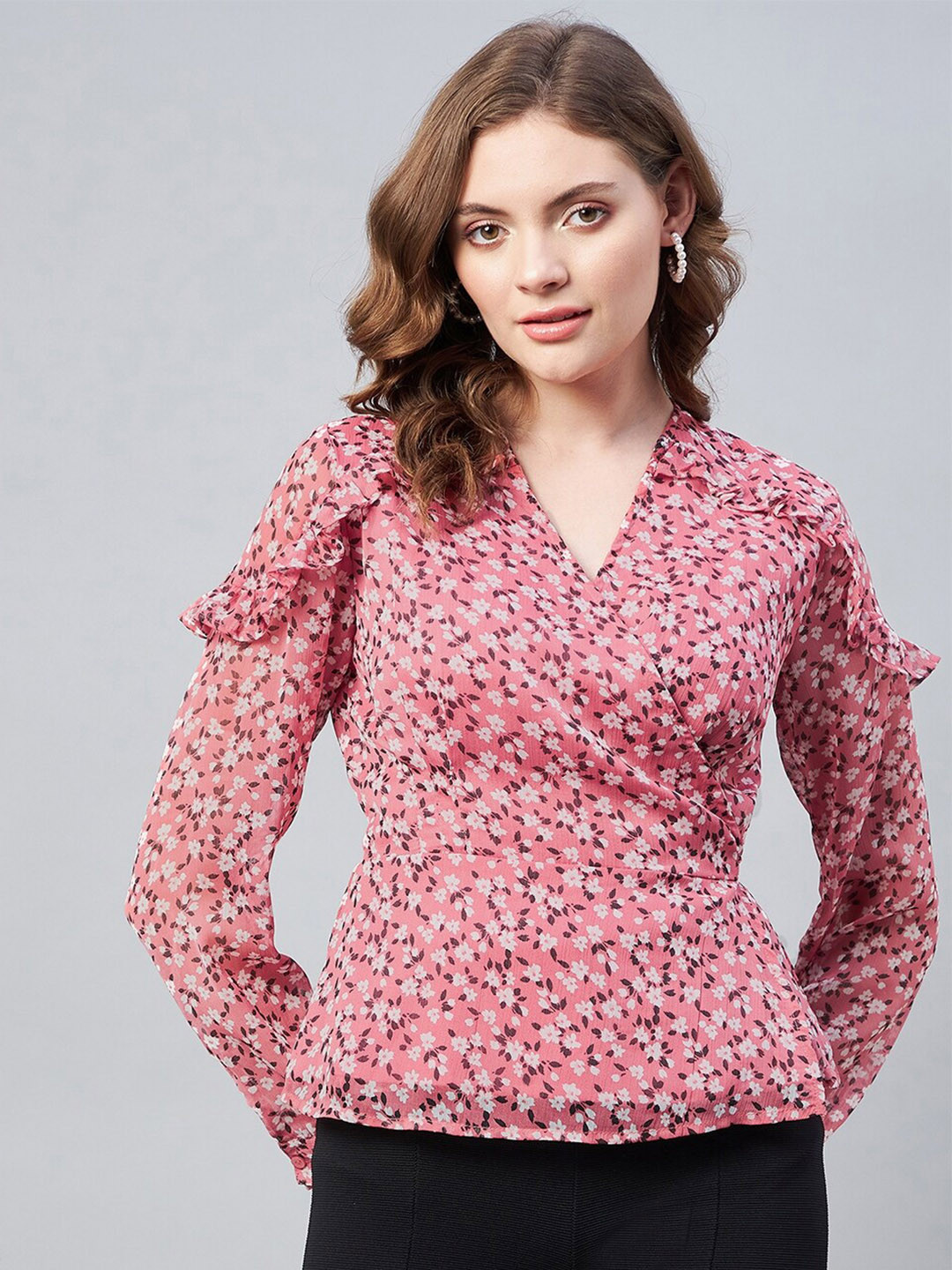 RARE Pink Floral Print Ruffles Chiffon Wrap Top