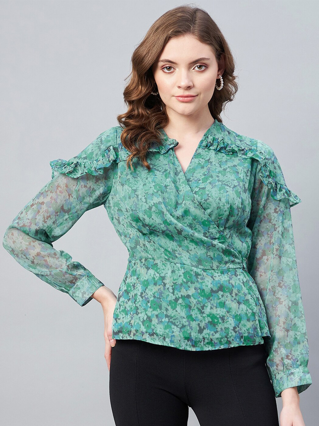 RARE Green Floral Print Mandarin Collar Ruffles Chiffon Wrap Top