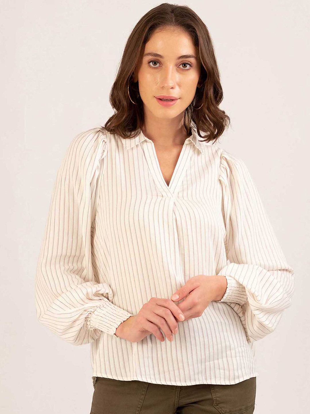 B Copenhagen Off White Striped Mandarin Collar Top