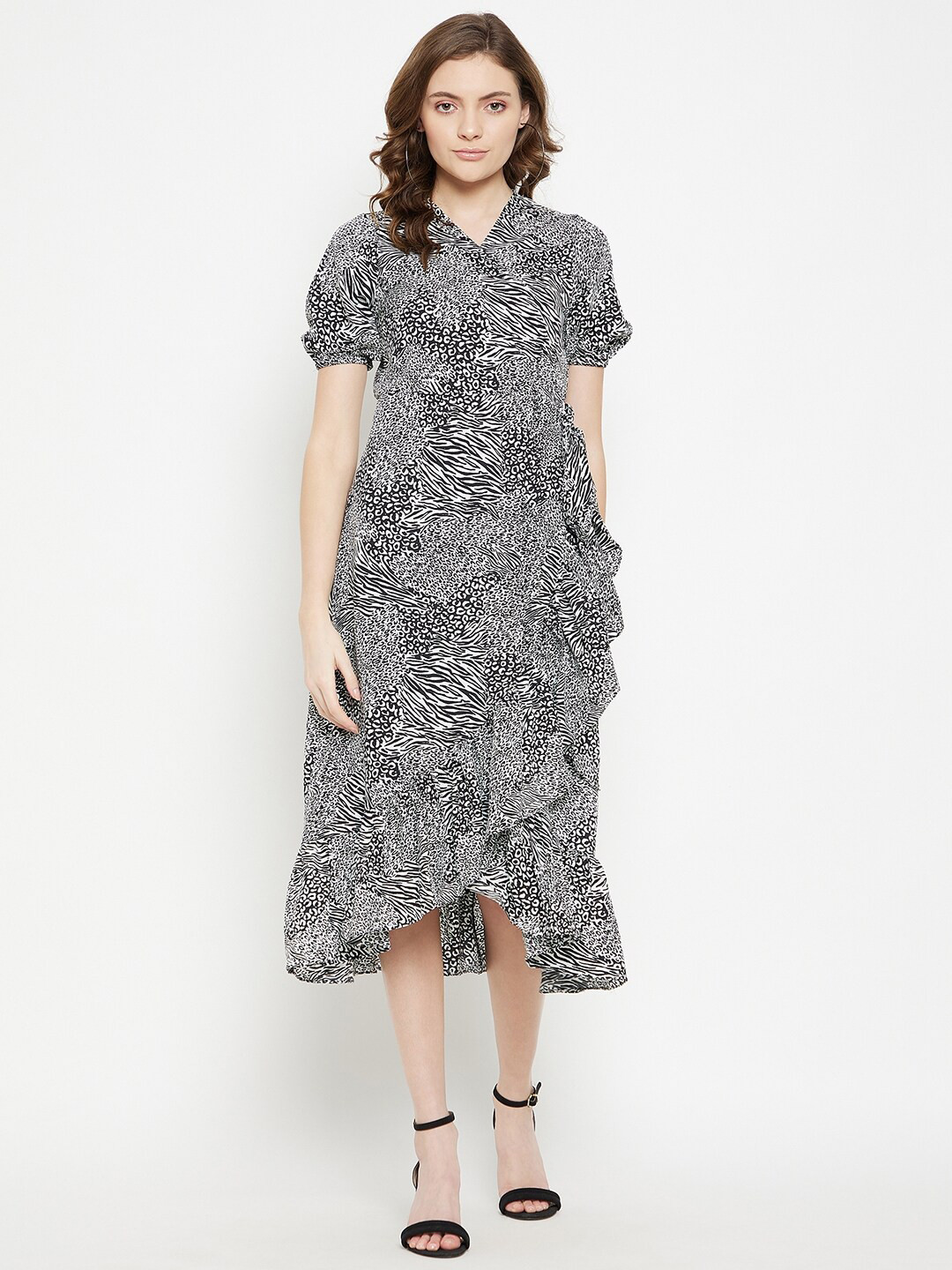Uptownie Lite Black Animal Crepe A-Line Midi Dress