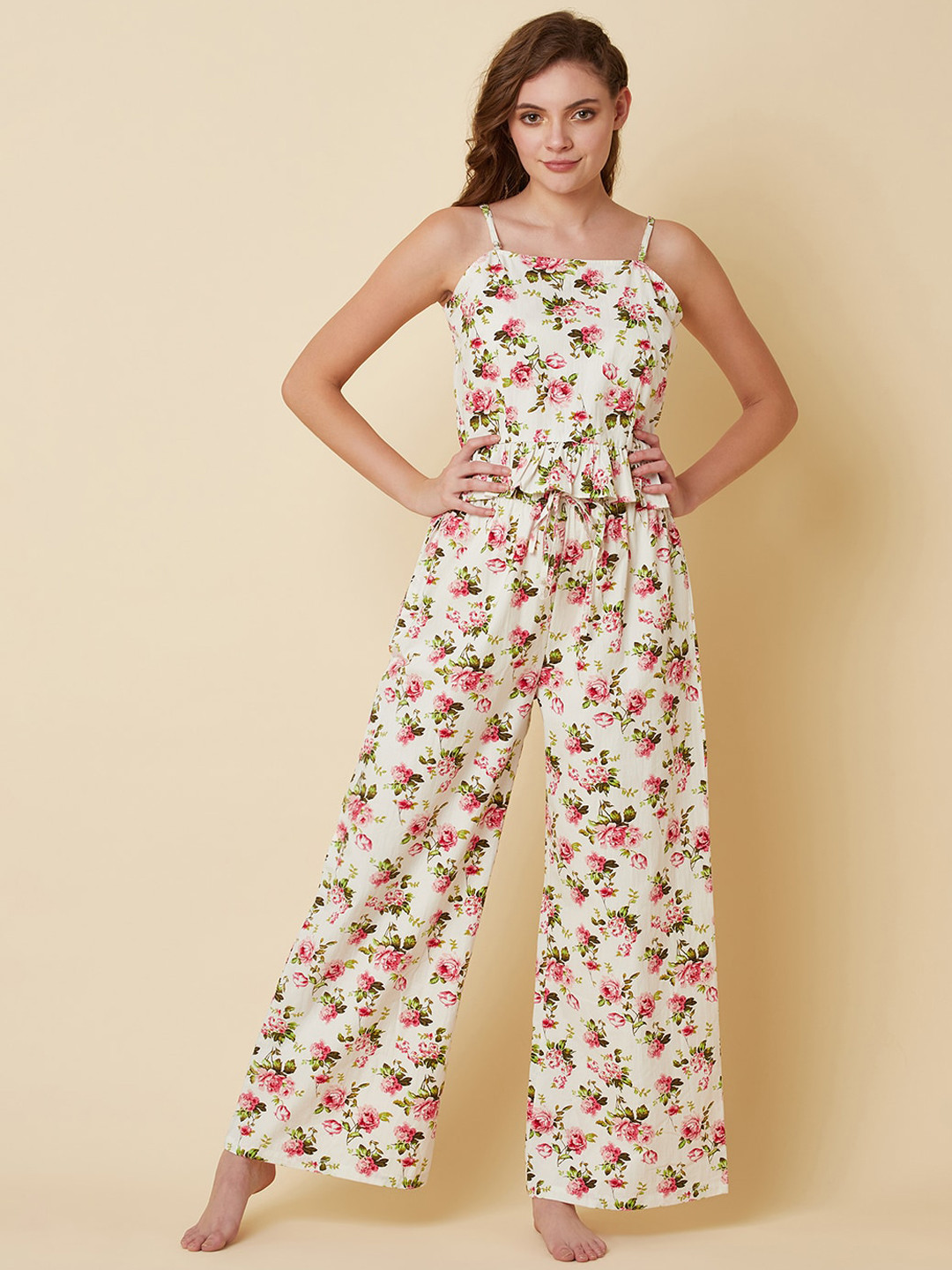 RAASSIO Women White & Pink Printed Pure Cotton Night Suit