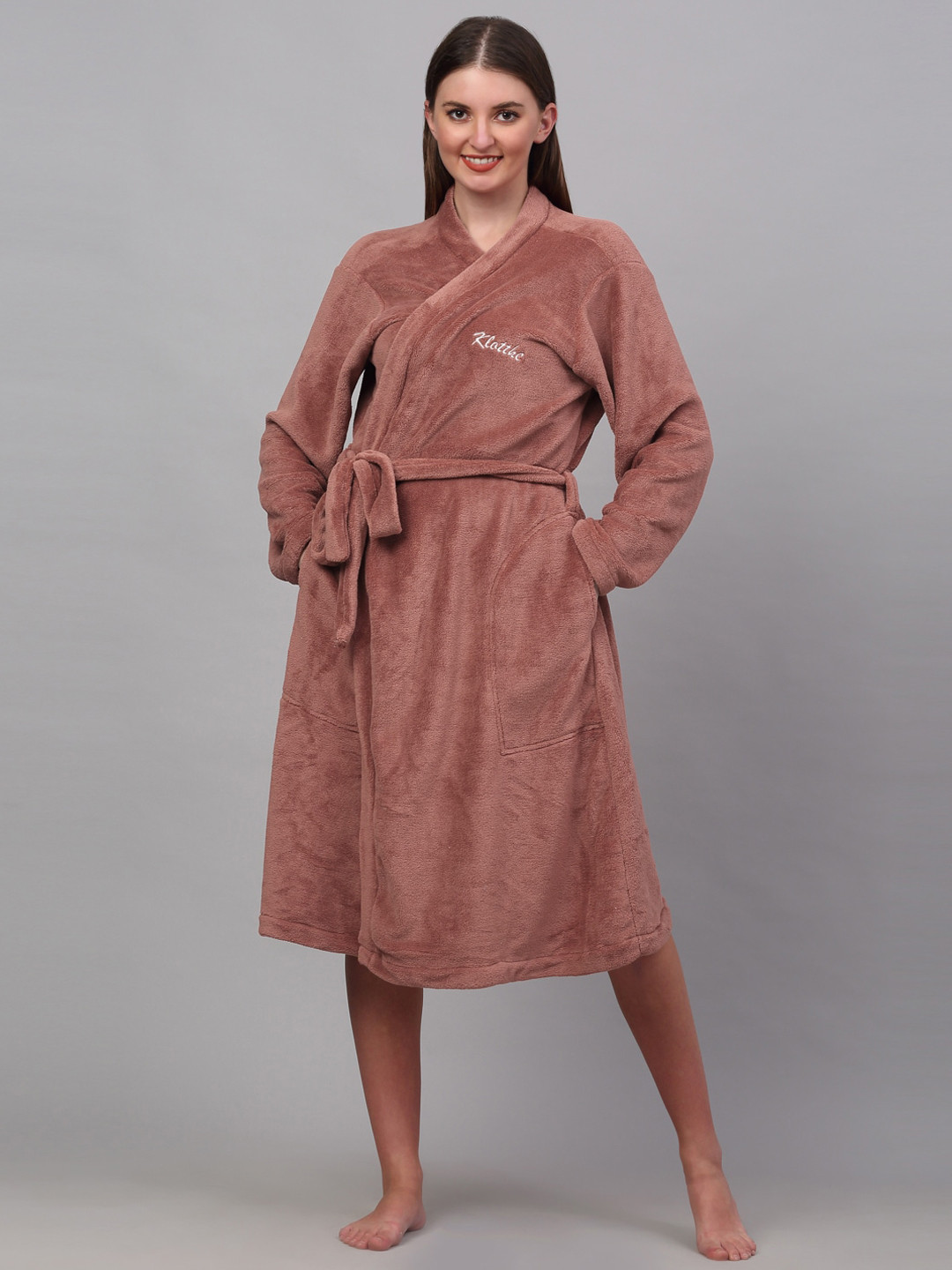 KLOTTHE Rust Solid Wool Drawstring Knee Length Bath Robe-S