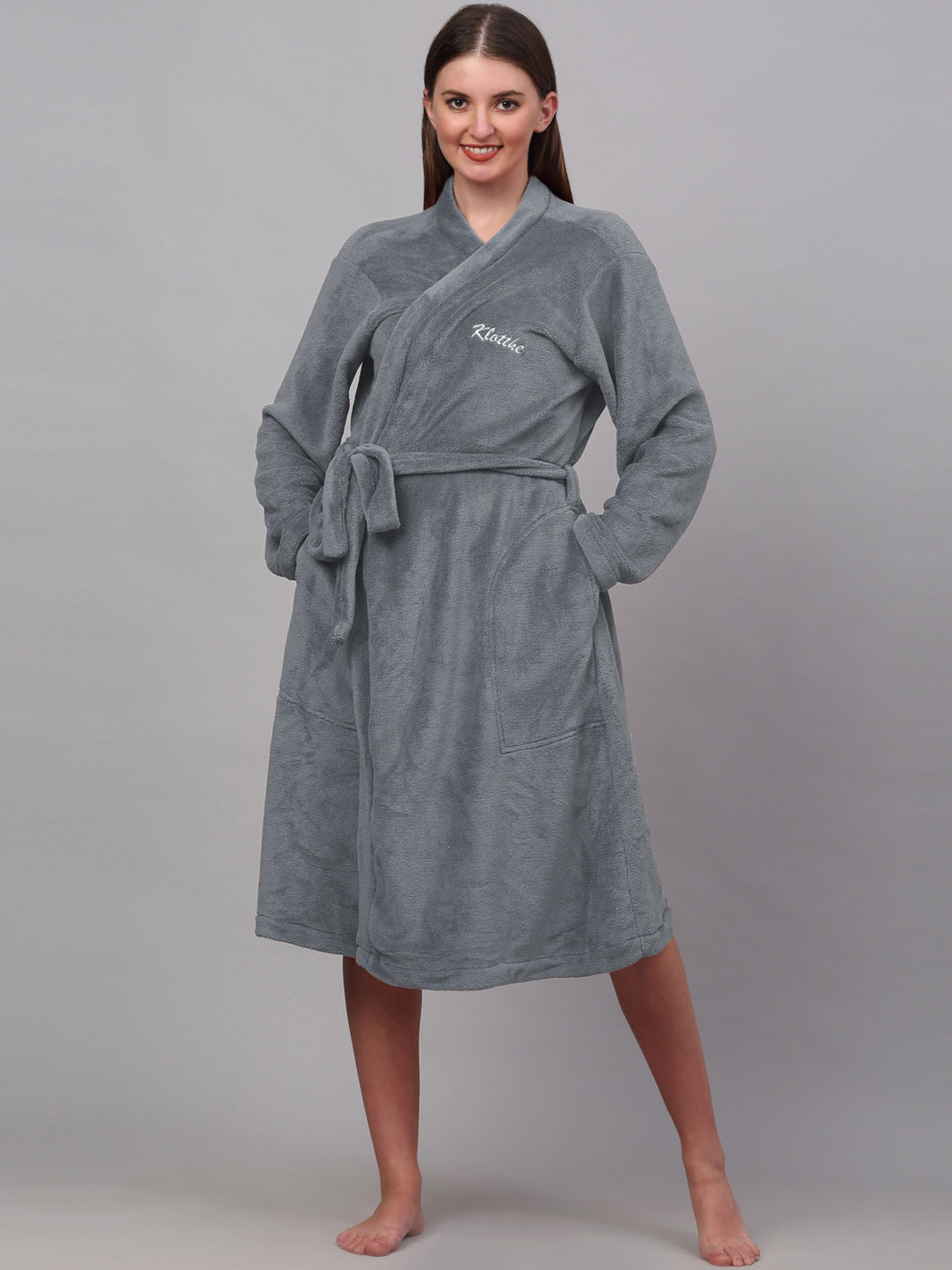 KLOTTHE Grey Solid Wool Drawstring Knee Length Bath Robe-S