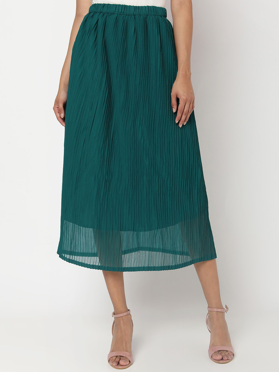 Smarty Pants Women Green Self-Striped Pleated Midi Skirts