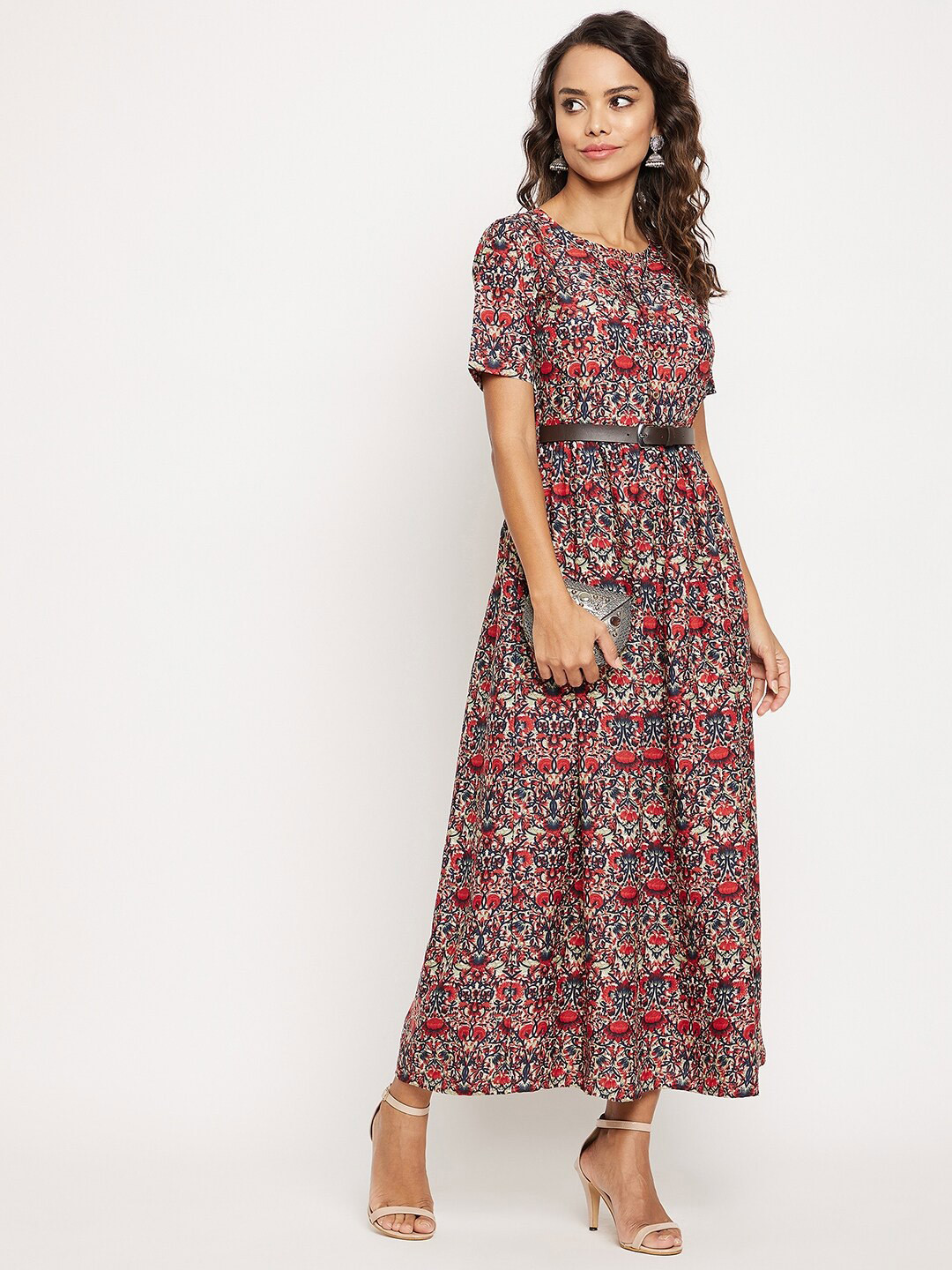 Uptownie Lite Pink Ethnic Motifs Crepe  Skater Maxi Dress