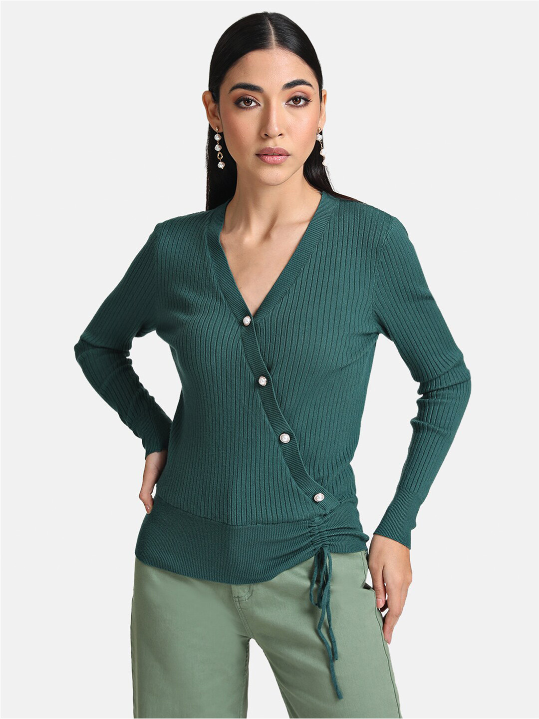 Kazo Women Green Ribbed Cardigan