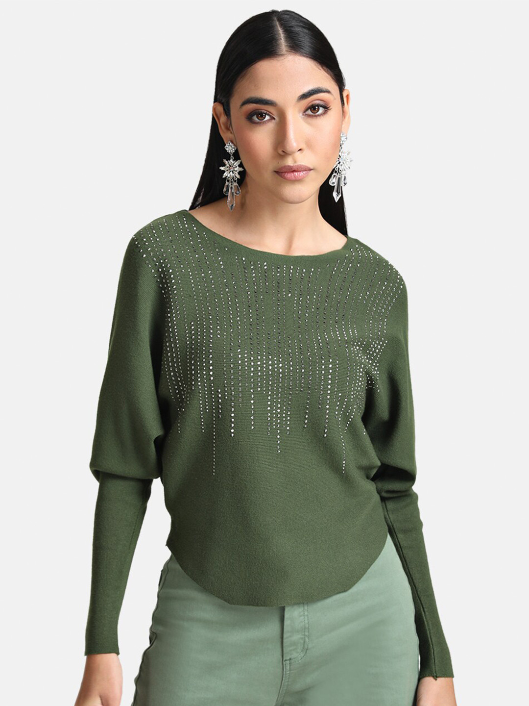 Kazo Women Olive Green & Silver-Toned Embroidered Pullover