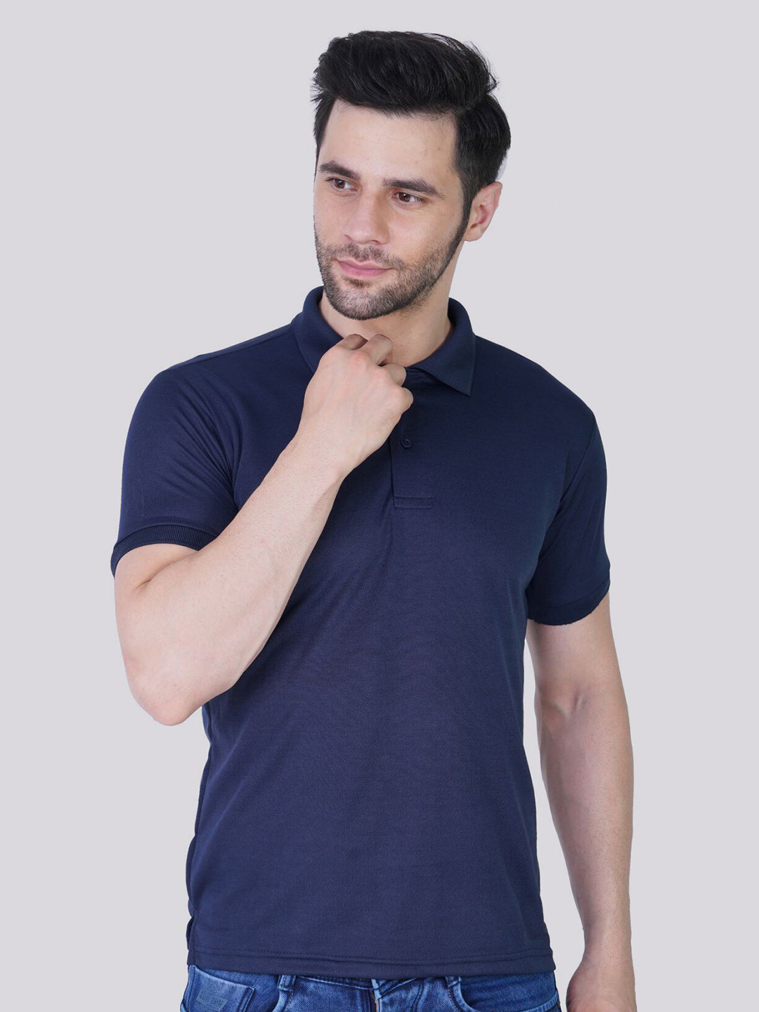 TEEMOODS Men Navy Blue Polo Collar Dri-FIT T-shirt