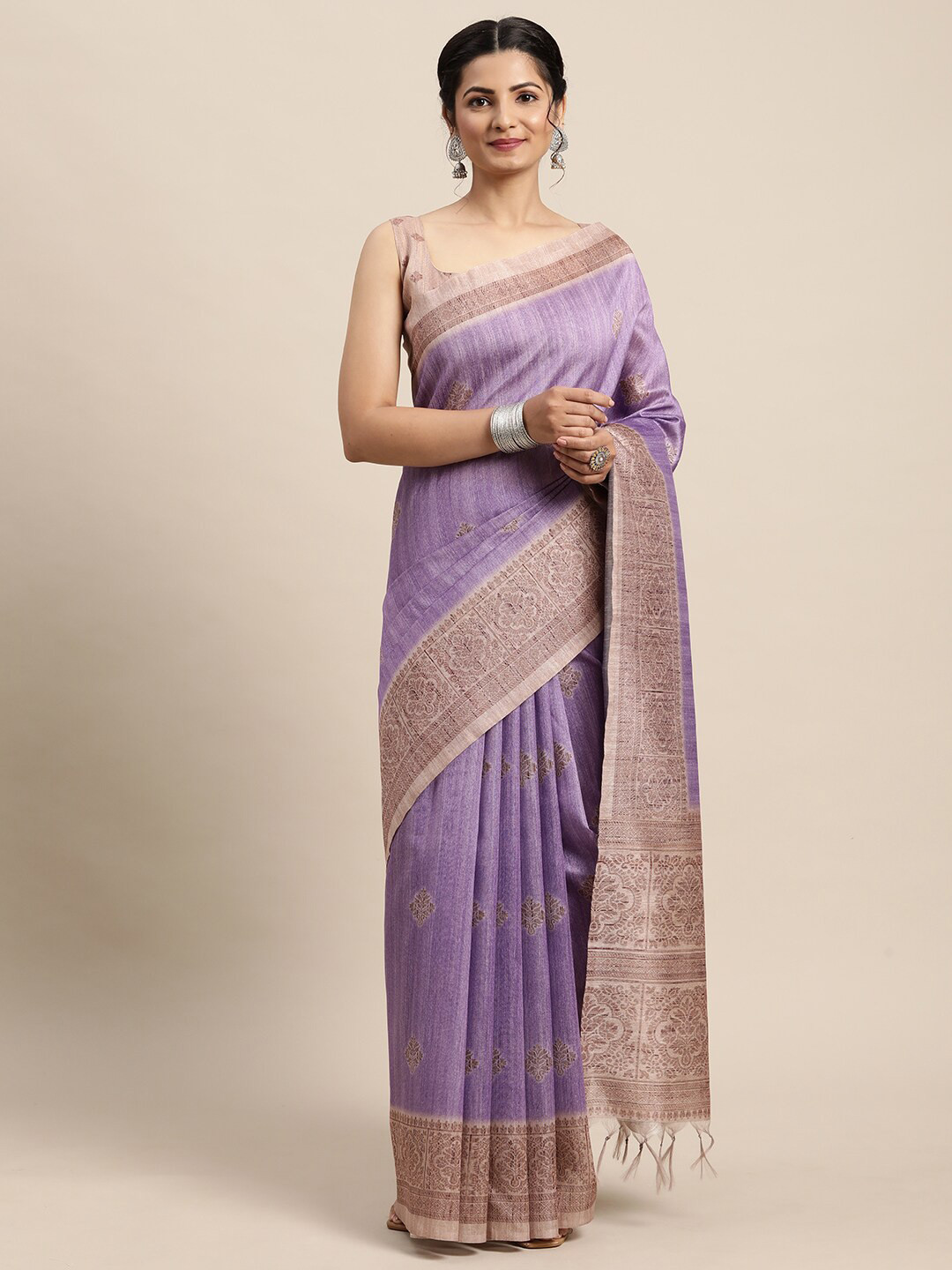 Saree mall Lavender & Brown Bagh Silk Blend Sarees