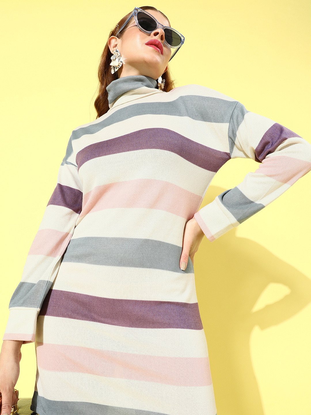 Athena White & Grey Striped Woollen Jumper Dress