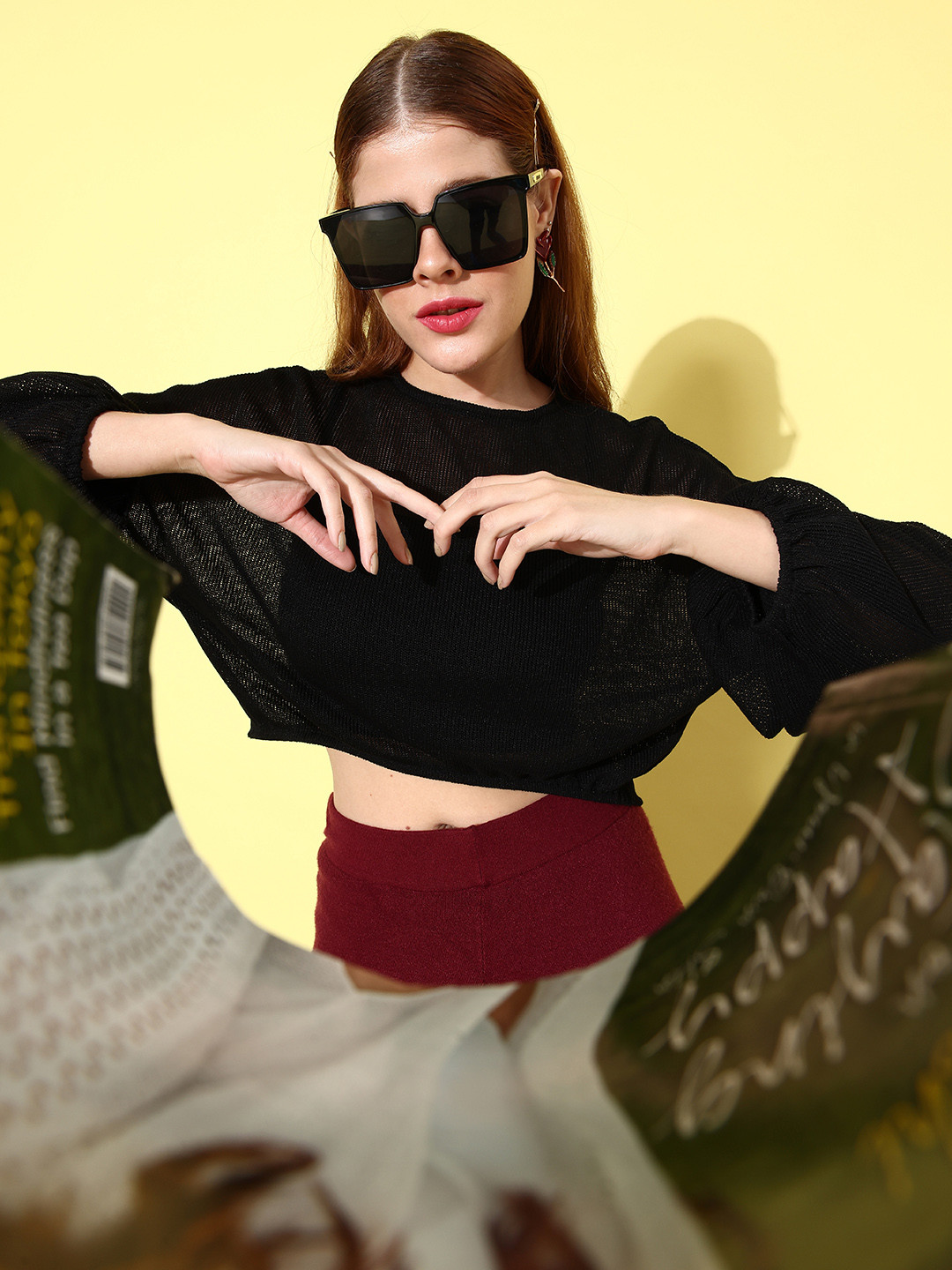 Athena Women Black Crop Woollen Pullover with Fuzzy Detail