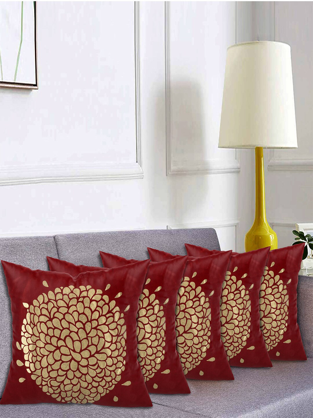 Kuber Industries Maroon & Gold-Toned Set of 5 Floral Velvet Square Cushion Covers
