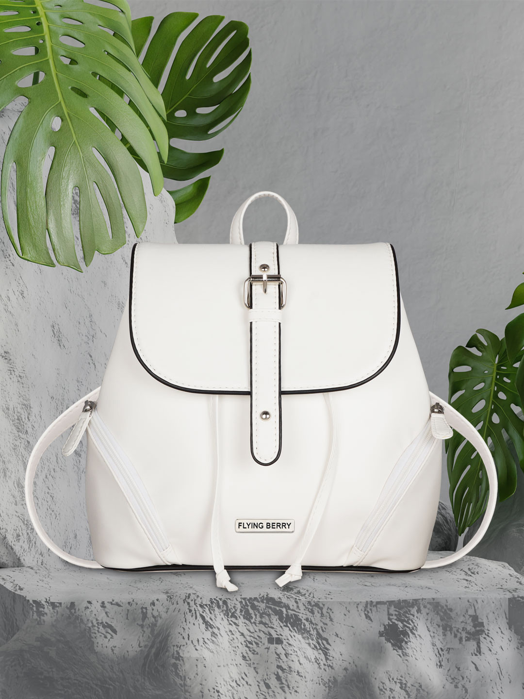 FLYING BERRY Women White & Black Backpack with Compression Straps