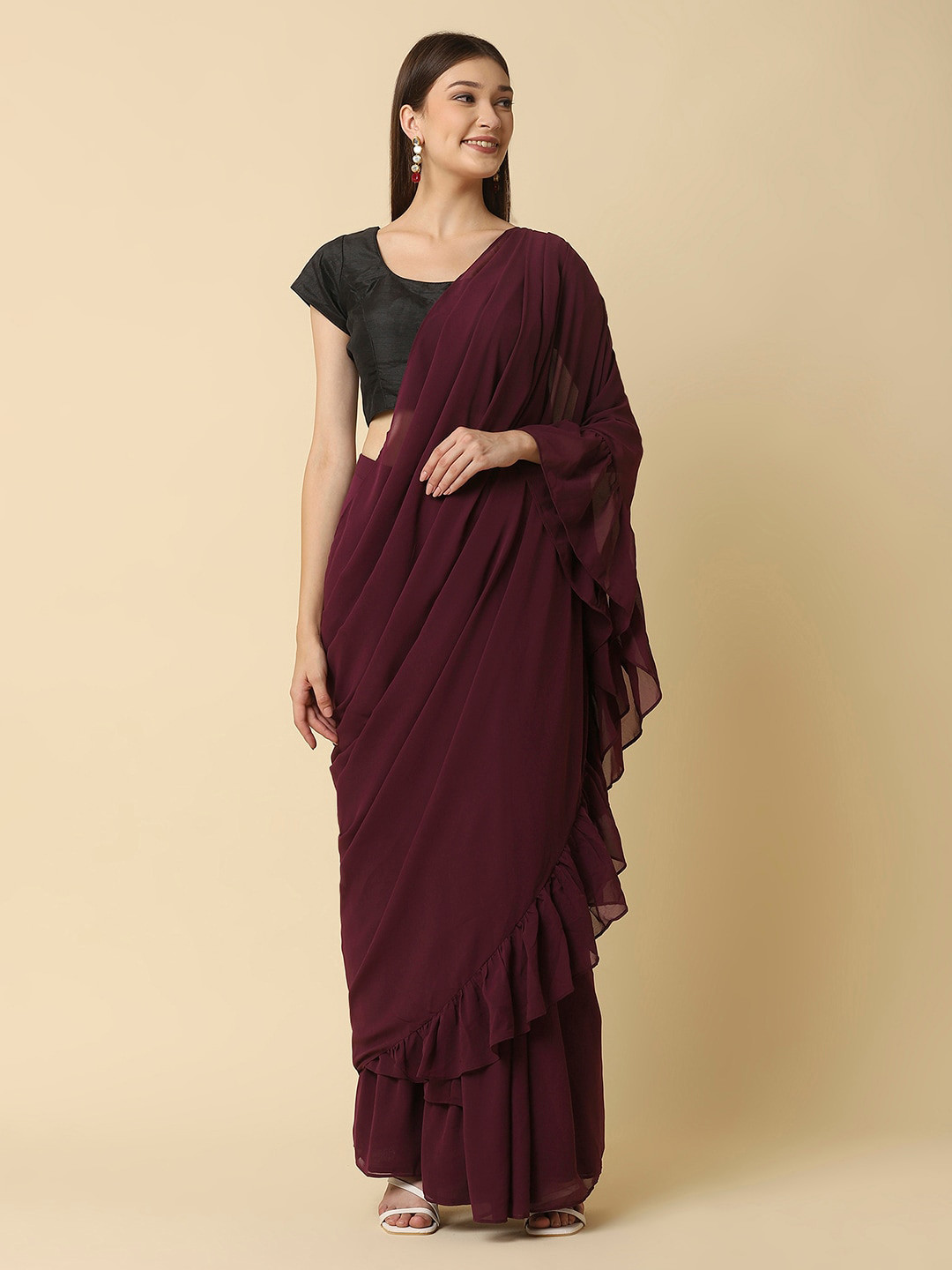 RAASSIO Women Burgundy Solid Ruffled Ready to Wear Sari Skirt