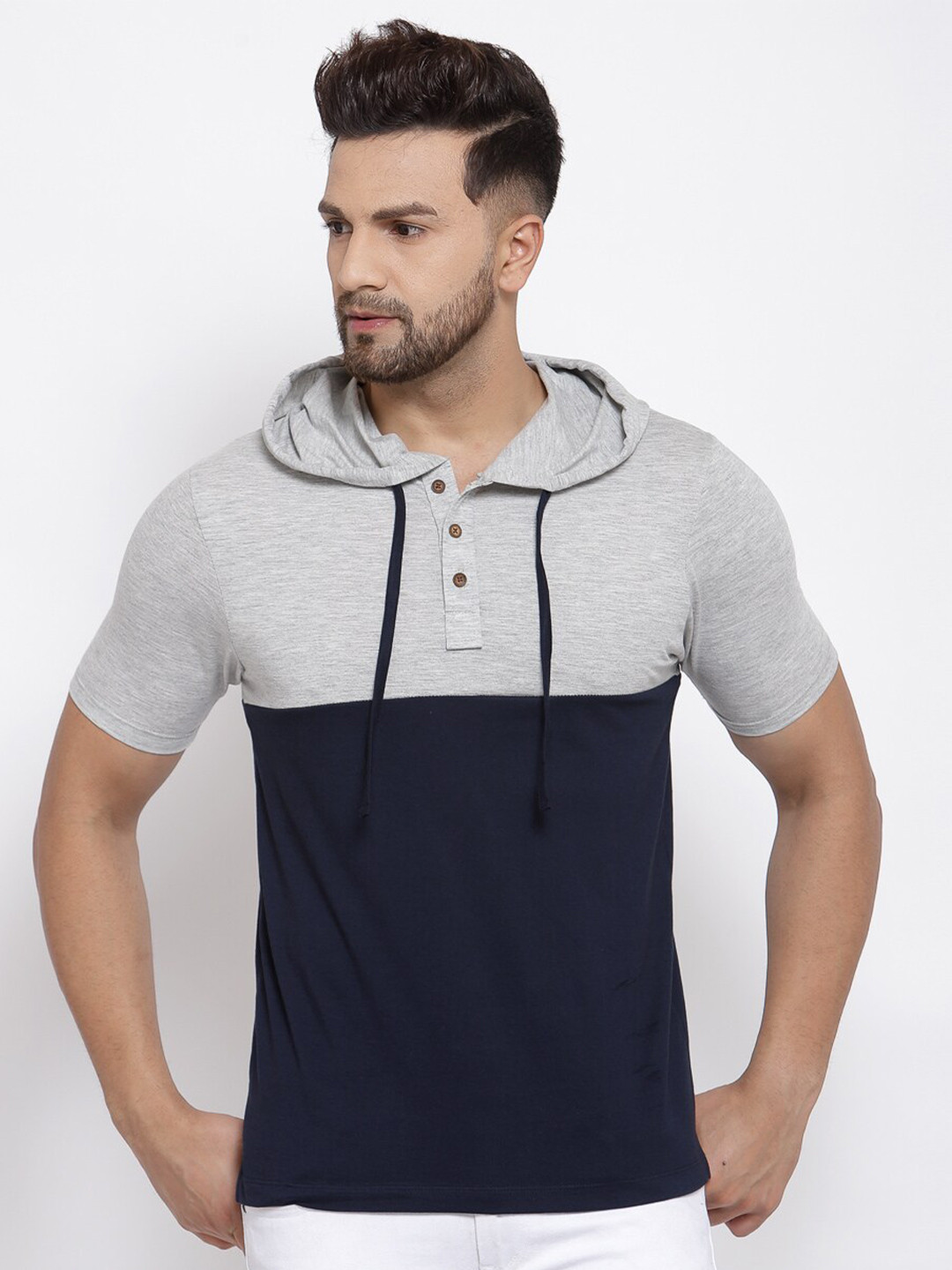 Kalt Men Blue Henley Neck Applique T-shirt