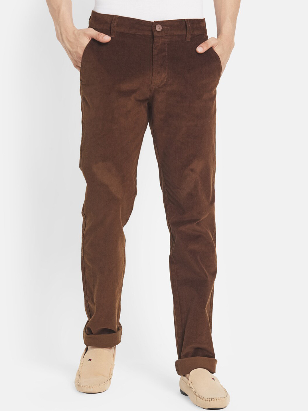 Octave Men Brown Solid Cotton Chinos Trousers