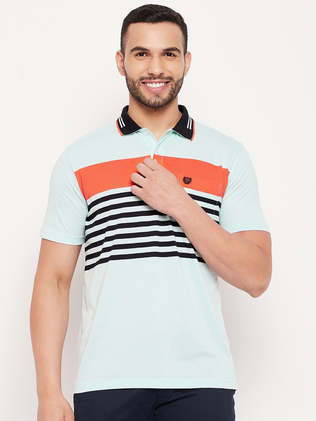 Duke Men Green & Orange Striped Polo Collar Slim Fit Cotton T-shirt