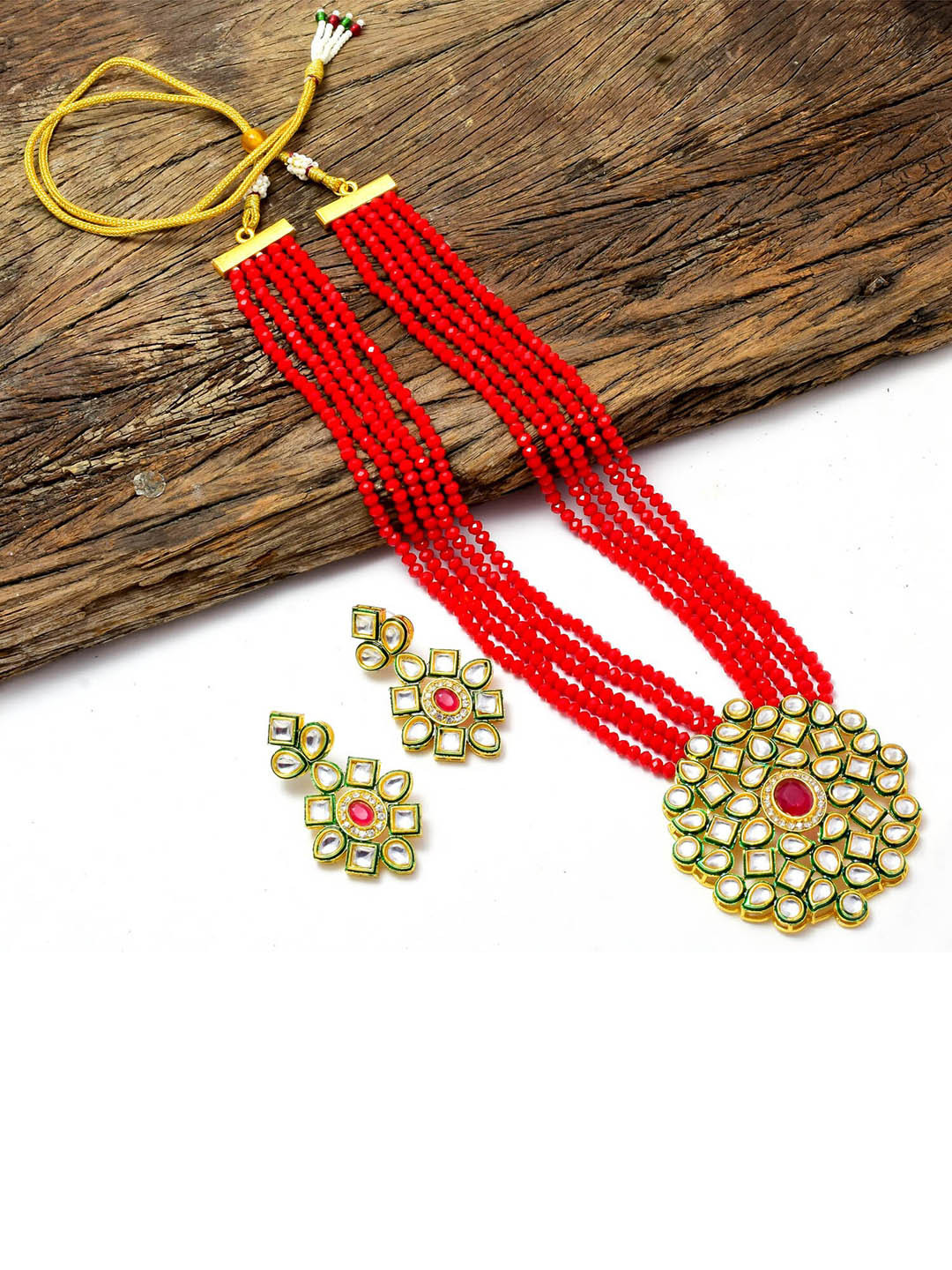 Jewar Mandi Gold-Plated & Toned Red Kundan Stone Studded Jewellery Set