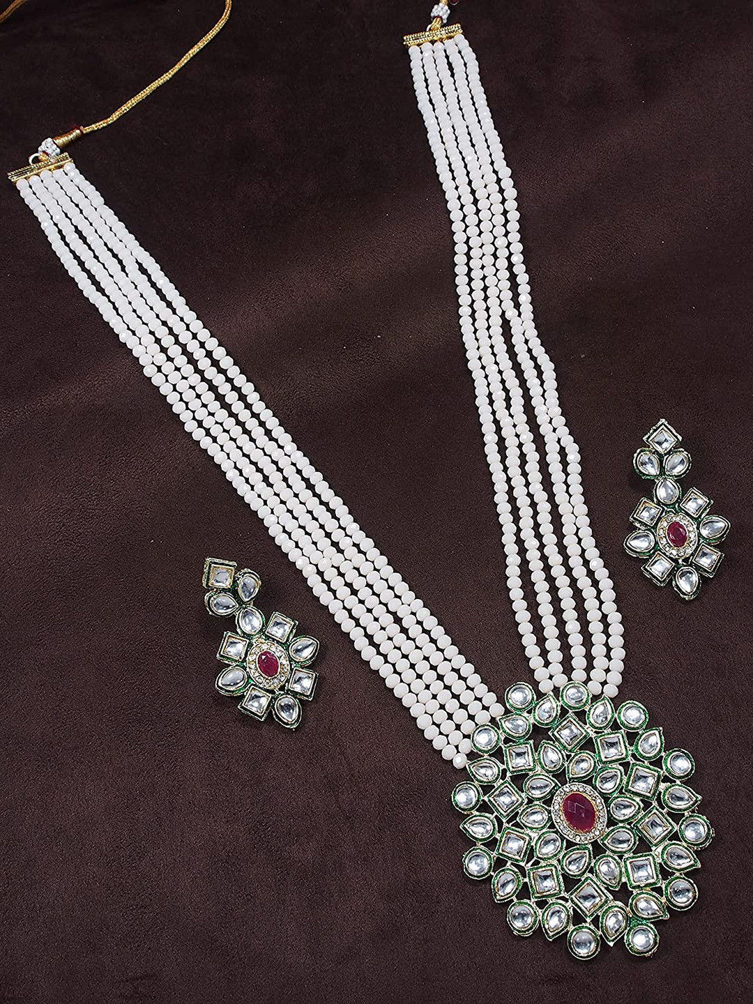Jewar Mandi Gold-Plated Peach Pearl Beaded & Kundan Stone-Studded Layered Jewellery Set