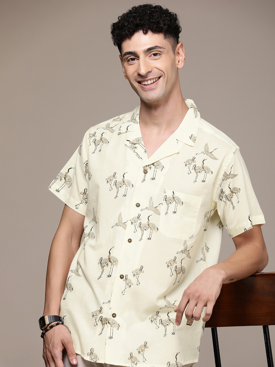 DENNISON Men Cream-Coloured Regular Fit Printed Casual Shirt