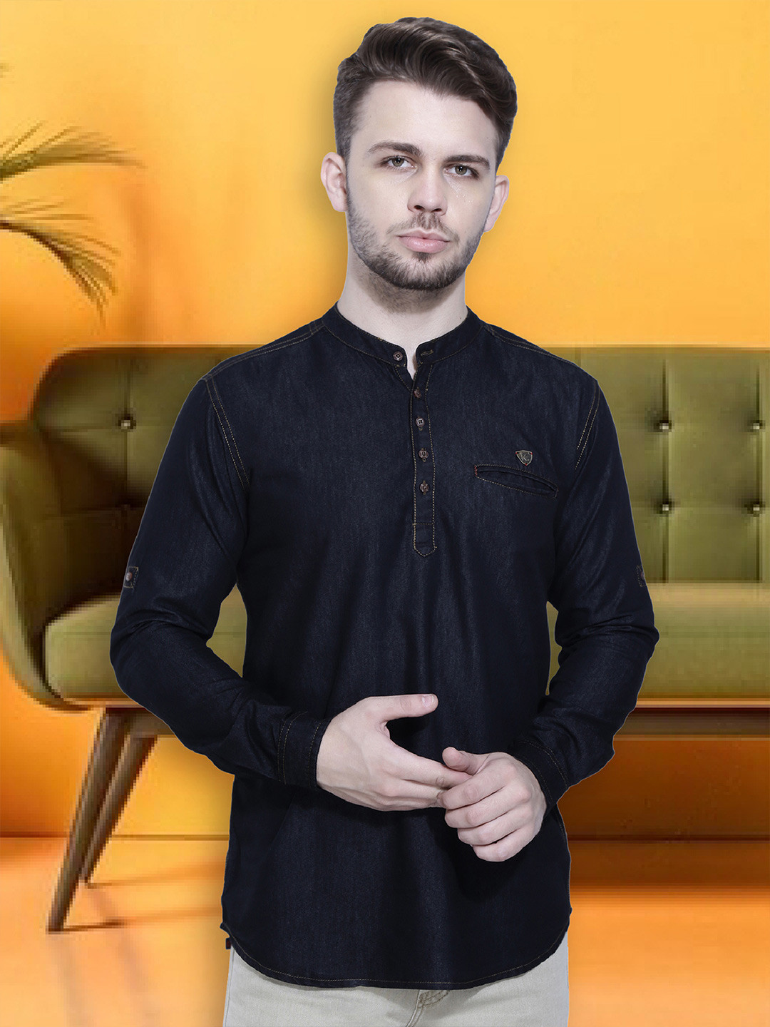 Kuons Avenue Men Black Solid Short Denim Cotton Kurta