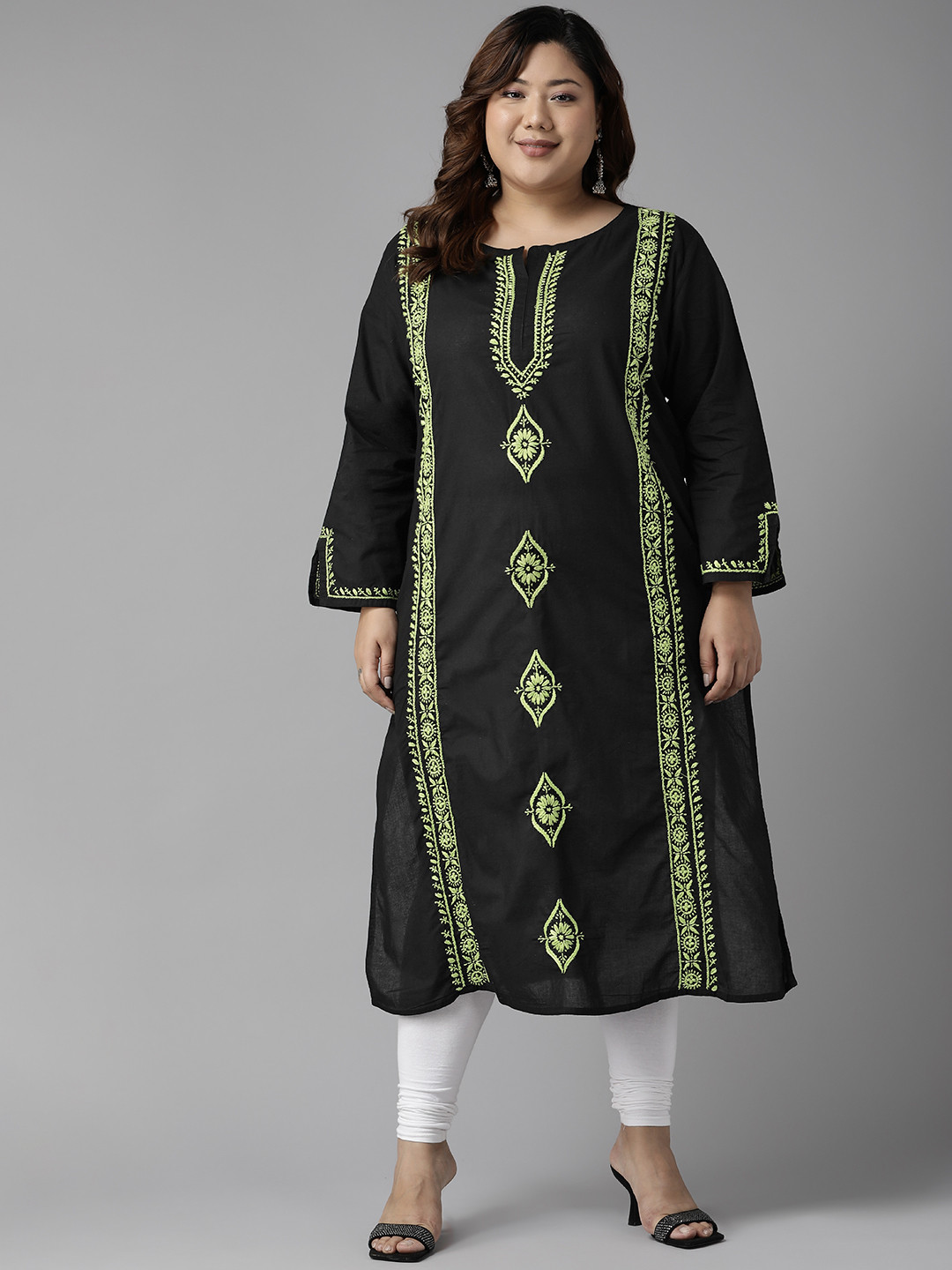 ADA Women Plus Size Black & Green Ethnic Motifs Embroidered Chikankari Kurta