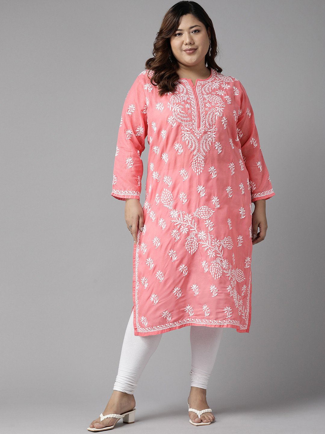ADA Women Plus Size Pink Floral Embroidered Chikankari Kurta