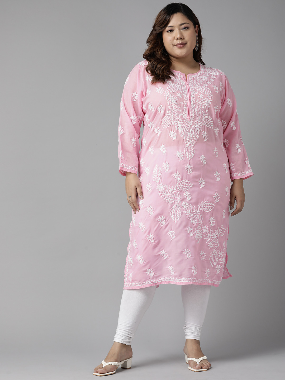 ADA Women Plus Size Pink Floral Embroidered Chikankari Kurta