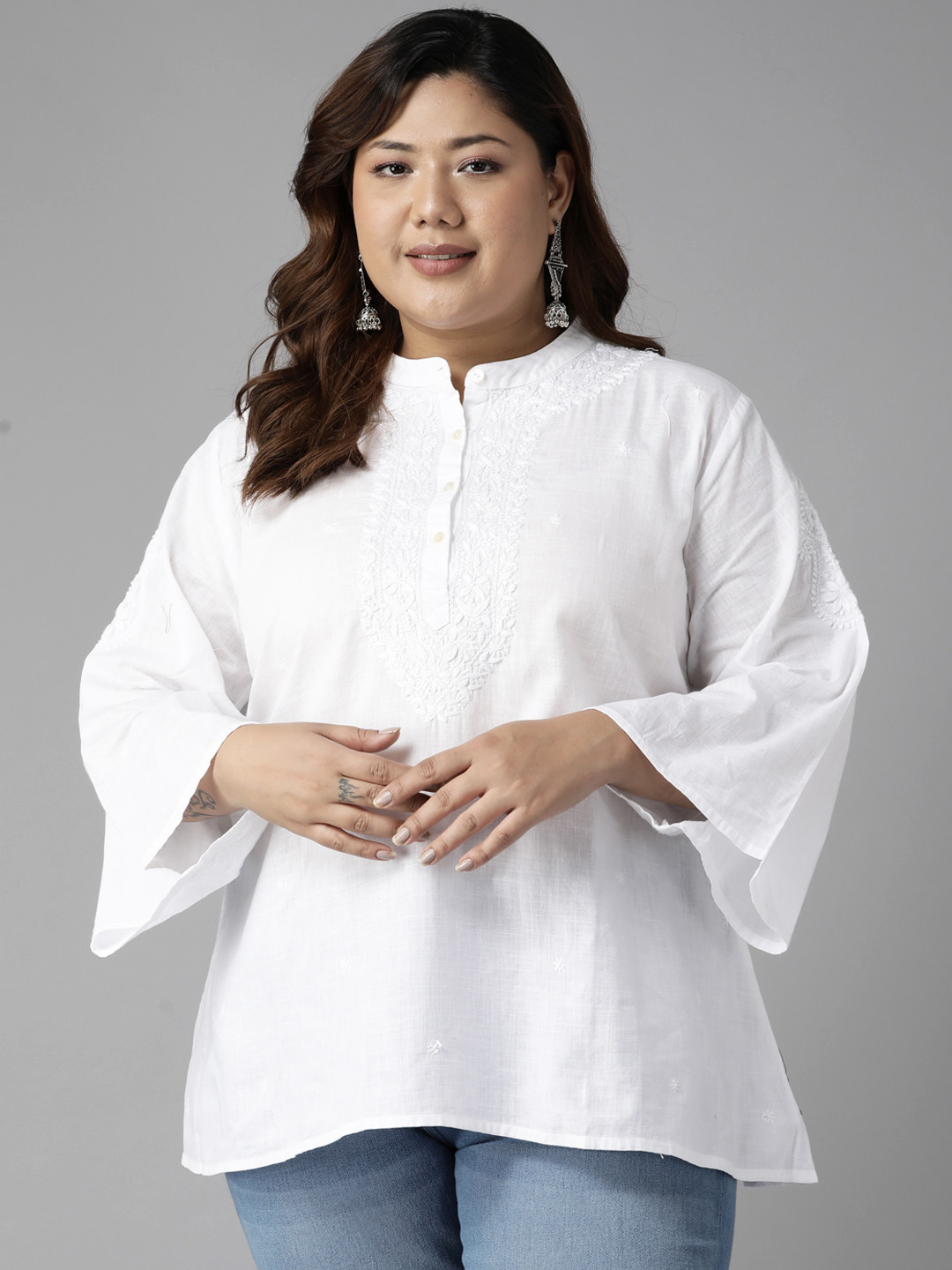 ADA White Ethnic Motifs Embroidered Plus Size Chikankari Kurti