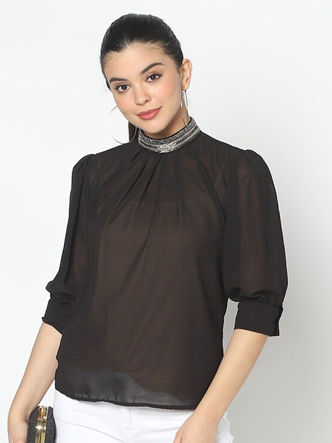 SQew Black Jewel Neck Georgette Top