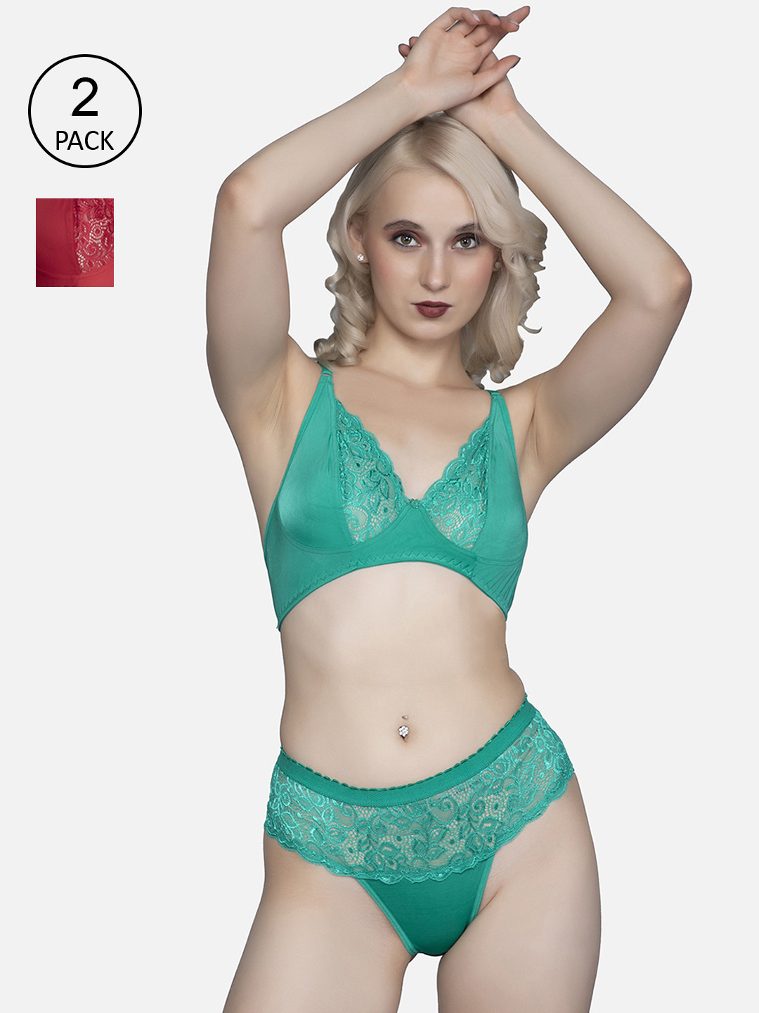 FIMS Women Pack Of 2 Red & Green Cotton Lycra Floral Lingerie Set