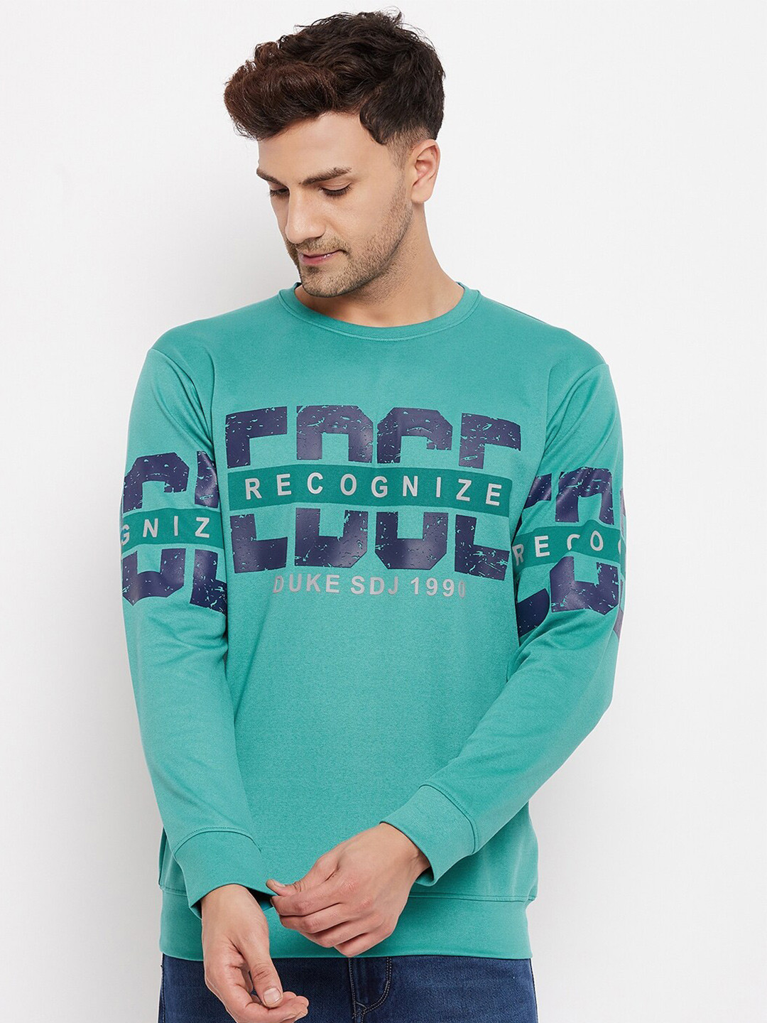 Duke Men Turquoise Blue Printed Fleece Sweatshirt