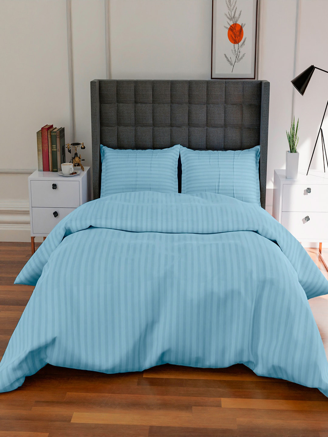 AVI Unisex Turquoise Blue Striped Pure Cotton 300 TC Duvet Cover With Pillow Cover
