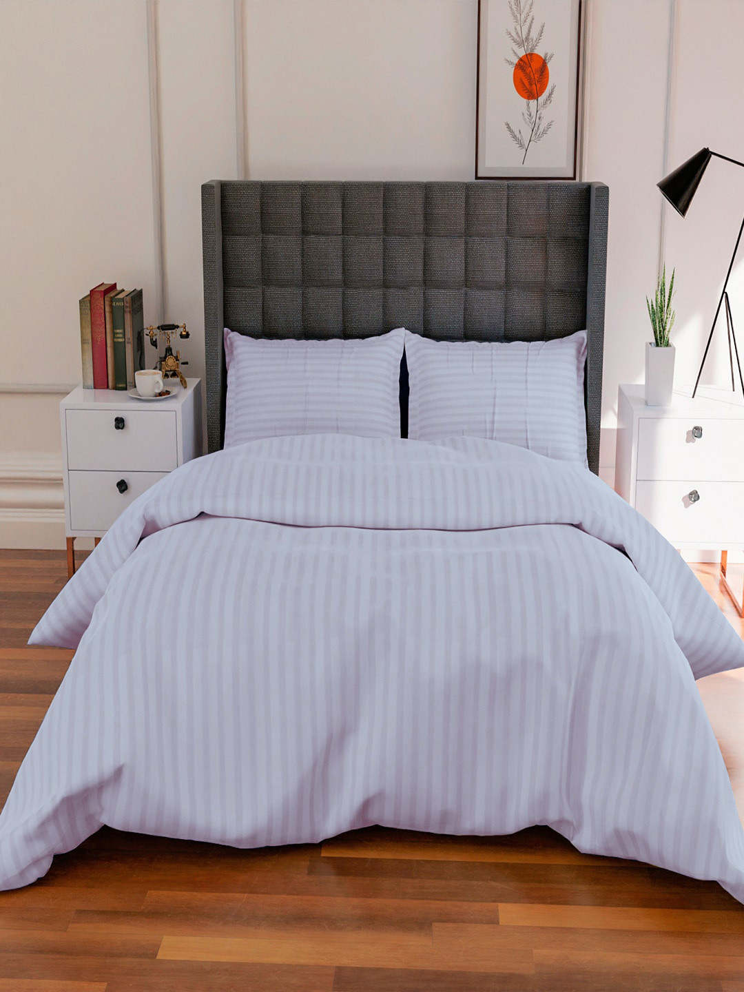 AVI White Striped Pure Cotton TC 300 Double Queen Duvet Cover