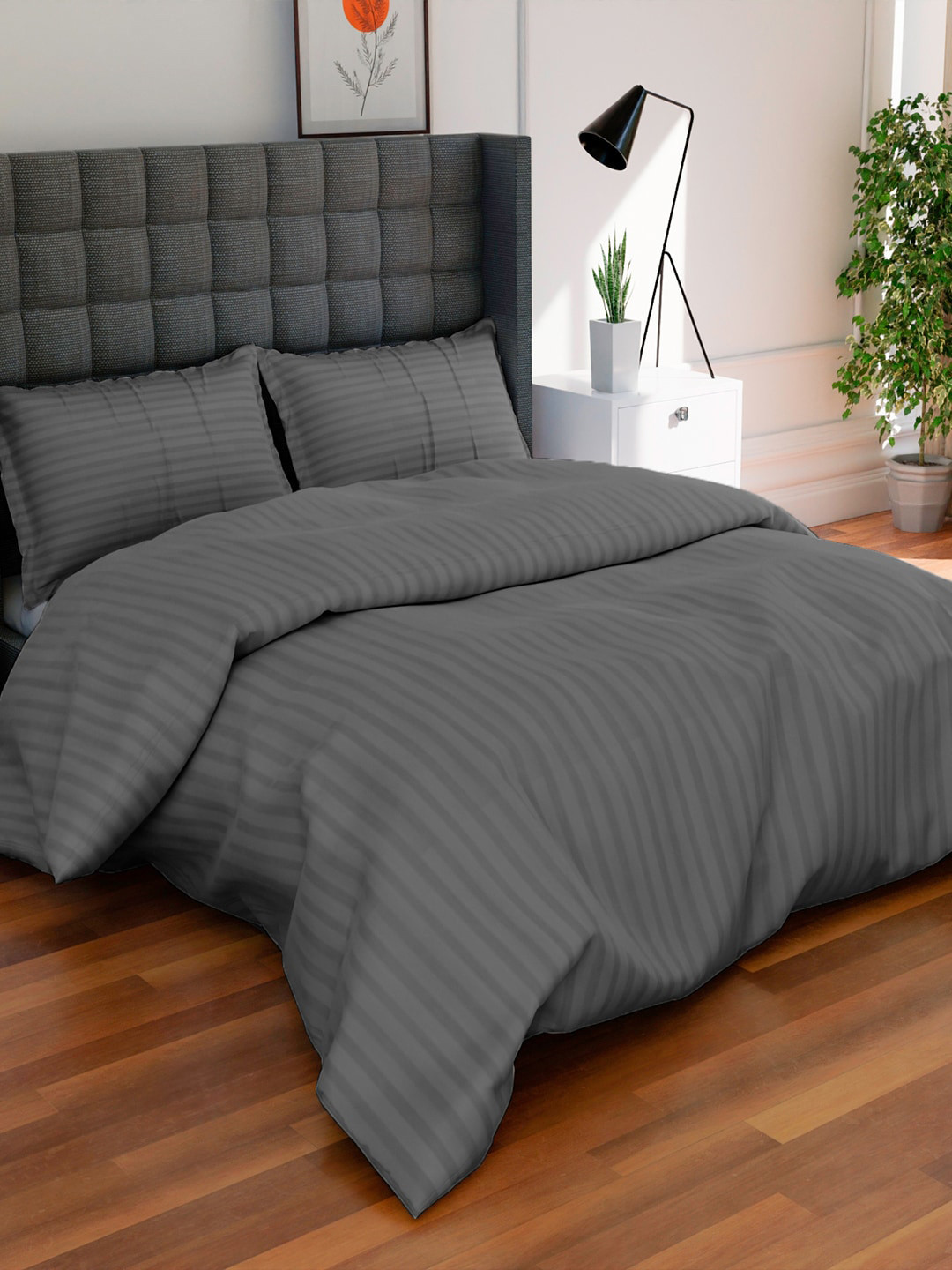 AVI Grey Striped Cotton 300 TC Double Duvet Cover