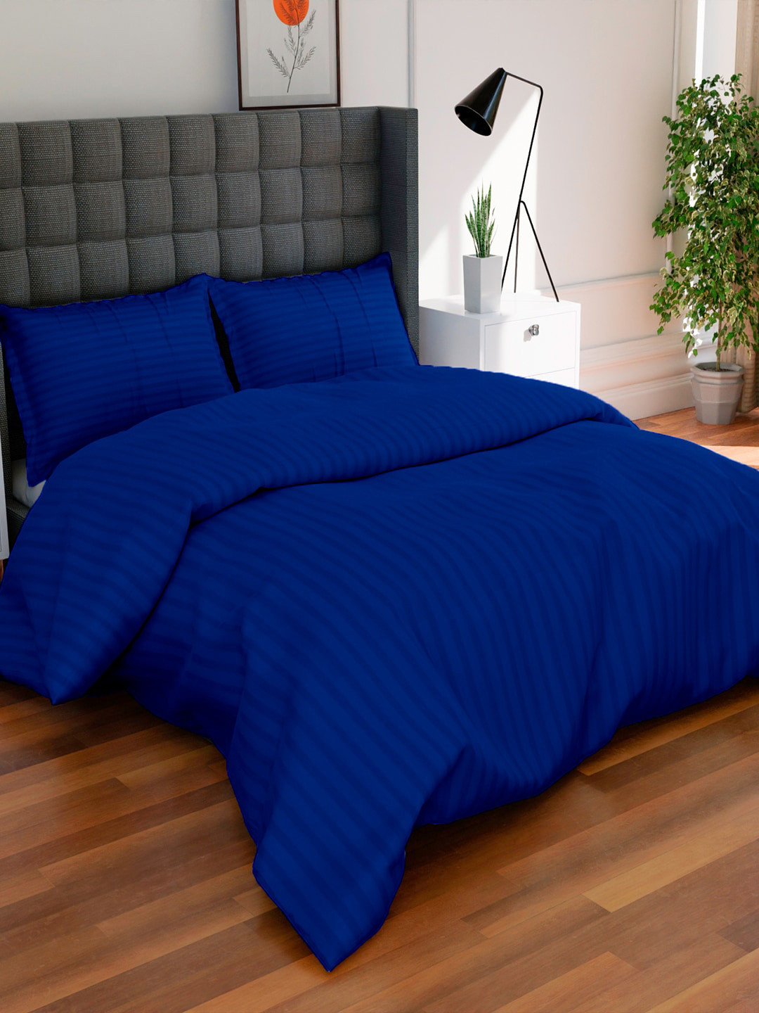 AVI Navy Blue Striped Cotton 300 TC Double King Duvet Cover