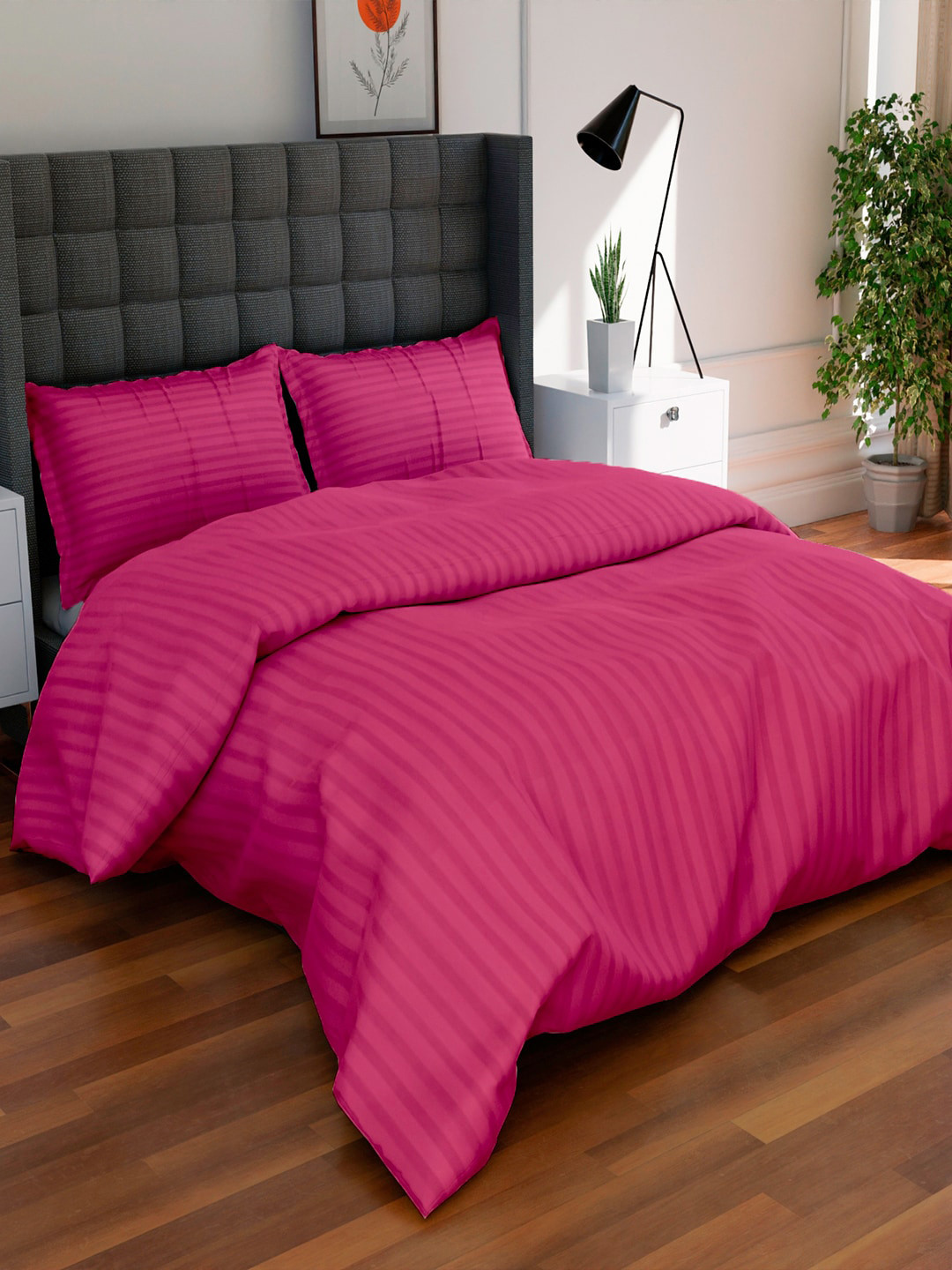 AVI Pink Striped Pure Cotton 300 TC Double Duvet Cover