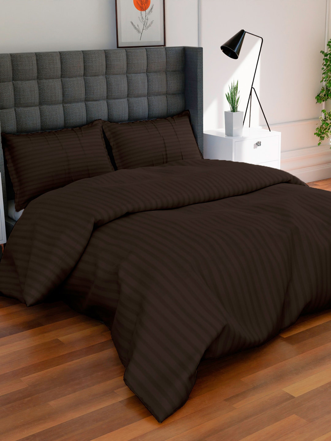 AVI Brown Striped Cotton 300 TC Double King Duvet Cover