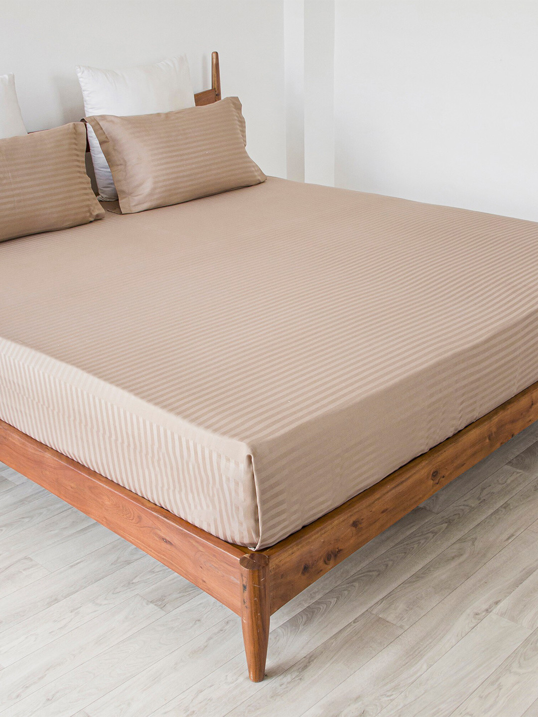 HOMEMONDE Taupe Striped Cotton 300 TC Queen Fine Bedsheet with 2 Pillow Covers-90 x 108 inches