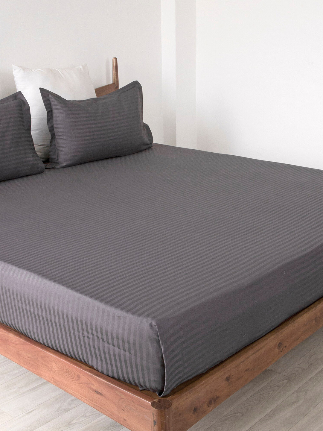 HOMEMONDE Grey Striped Cotton 300 TC Queen Fine Bedsheet with 2 Pillow Covers-254 x 230 cm