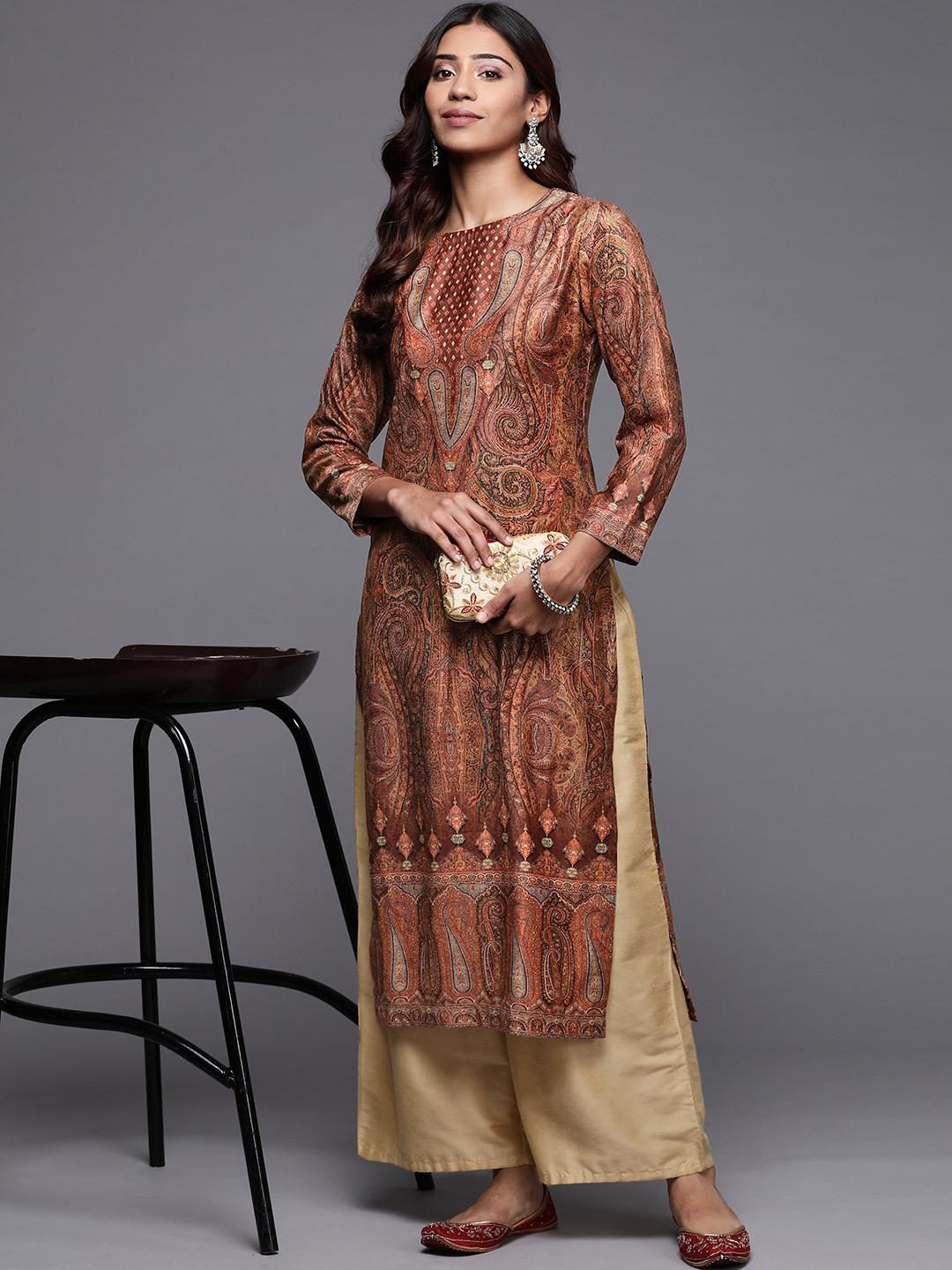 Libas Women Camel Brown Paisley Printed Velvet Kurta