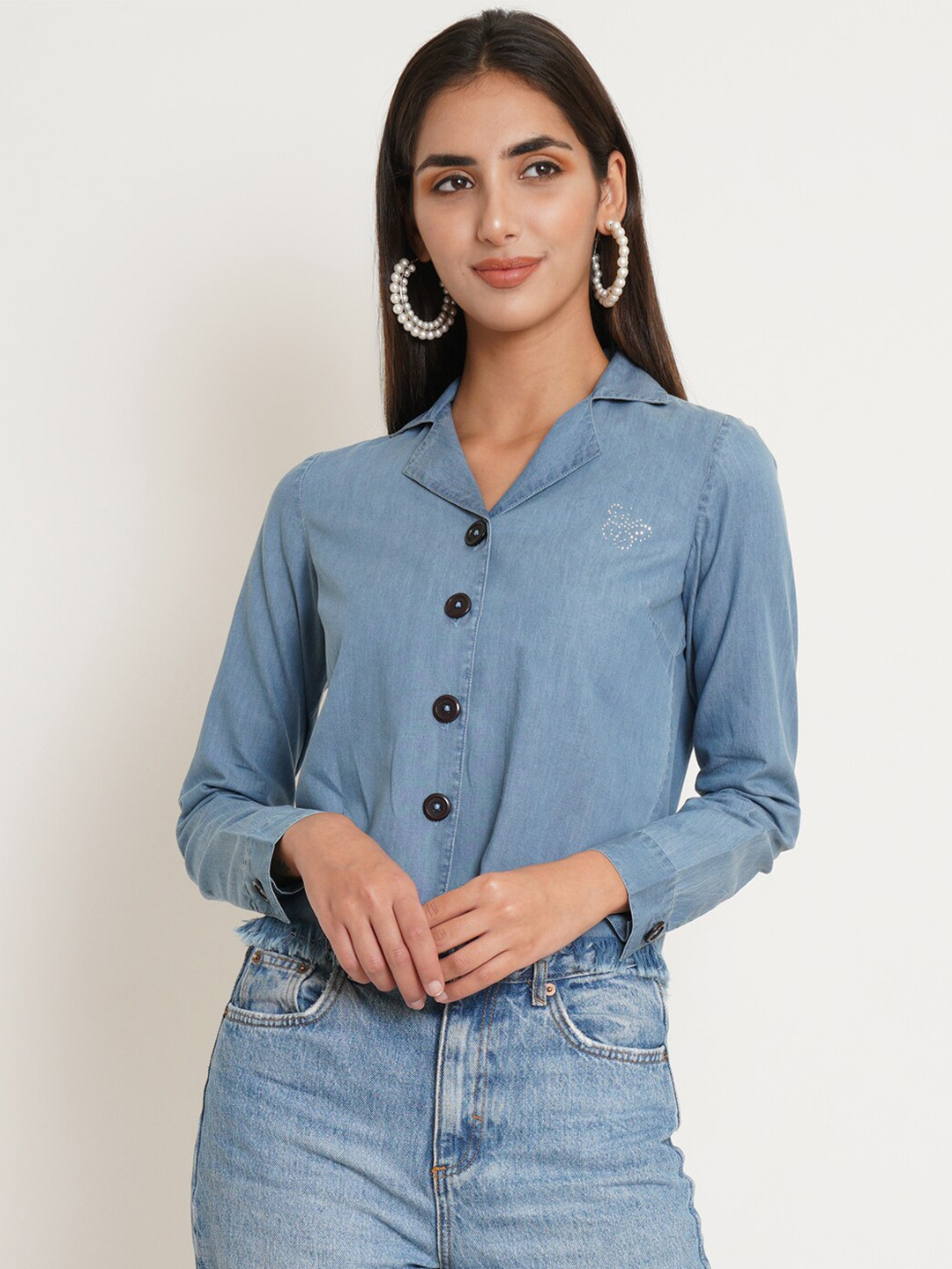 IX IMPRESSION Blue Solid Shirt Style Top