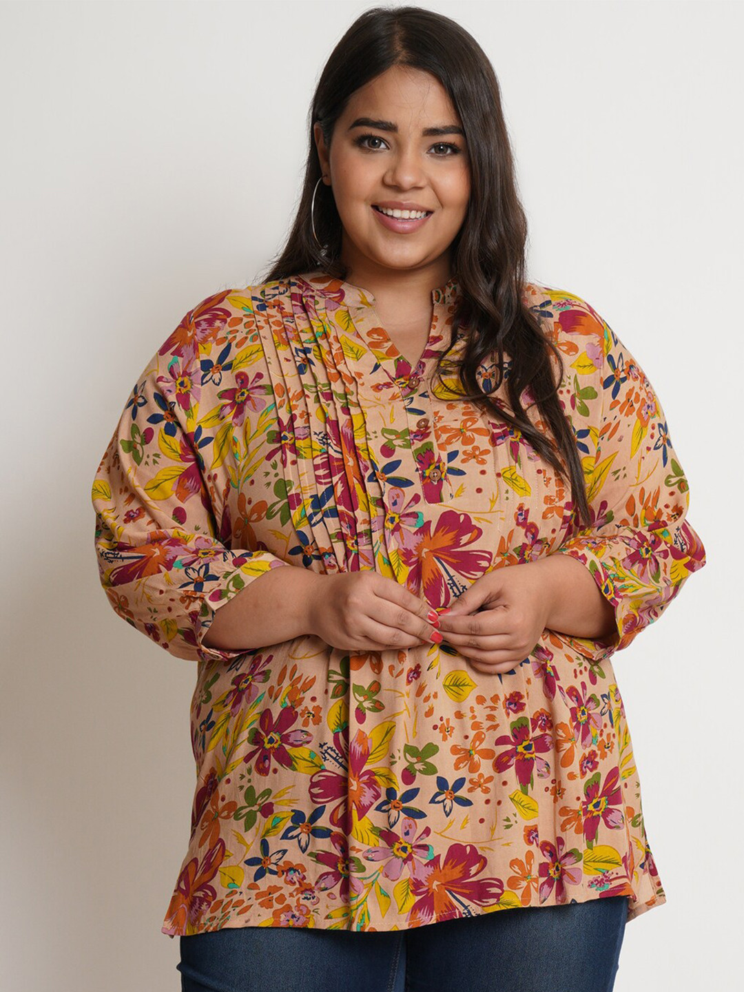 IX IMPRESSION Brown & Red Floral Print Mandarin Collar Top