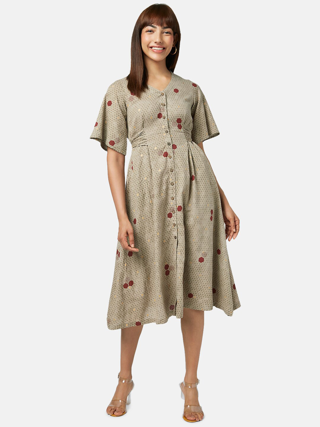 AKKRITI BY PANTALOONS Women Beige Cotton Floral Dress