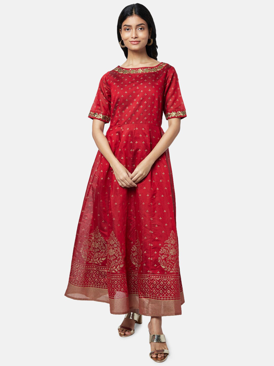 RANGMANCH BY PANTALOONS Women Red & Gold-Toned Ethnic Motifs Maxi Dress