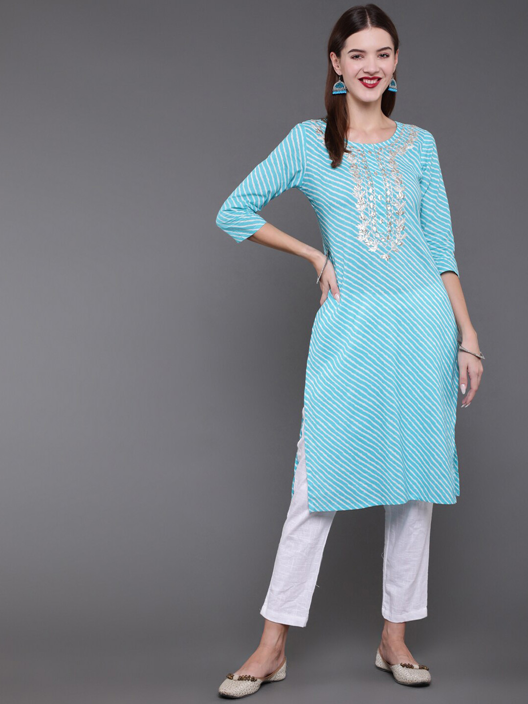 antaran Women Turquoise Blue Pure Cotton Leheriya Thread Work Floral Kurta