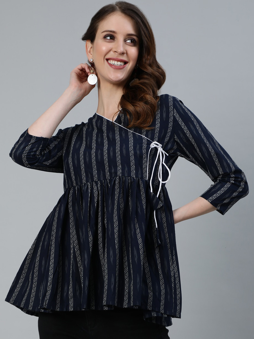 antaran Women Blue & White Printed Pure Cotton Wrap Tunic