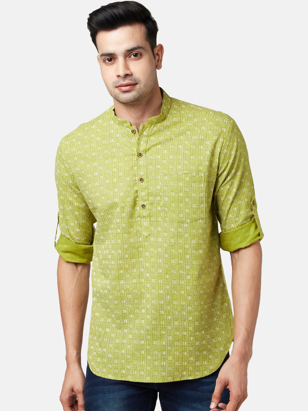 indus route by Pantaloons Men Green Printed Short Kurta